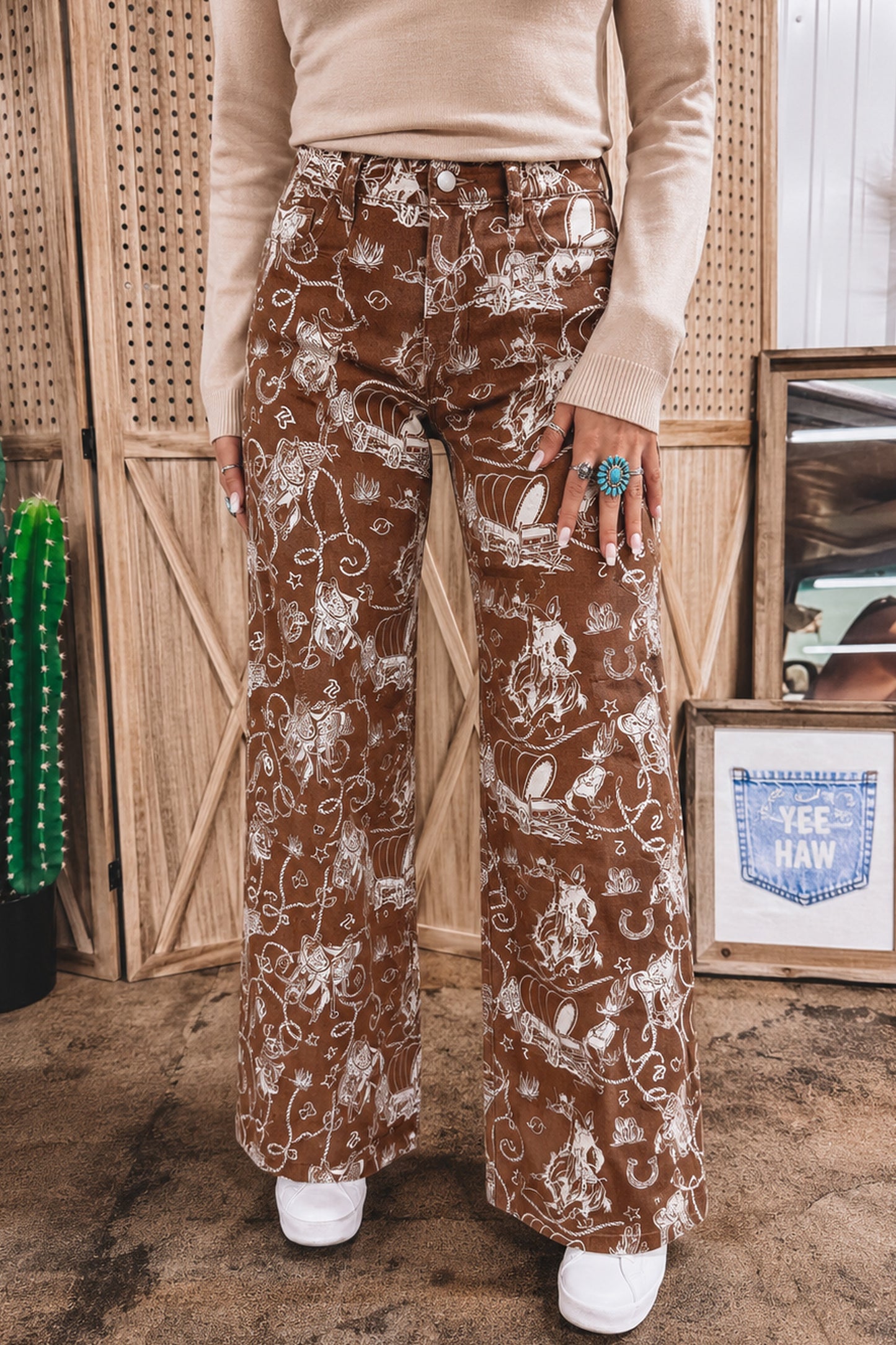 Brown Western Print Jeans