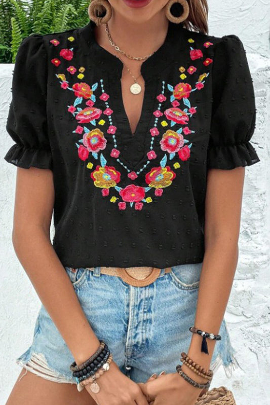 Black Embroidered Floral Blouse