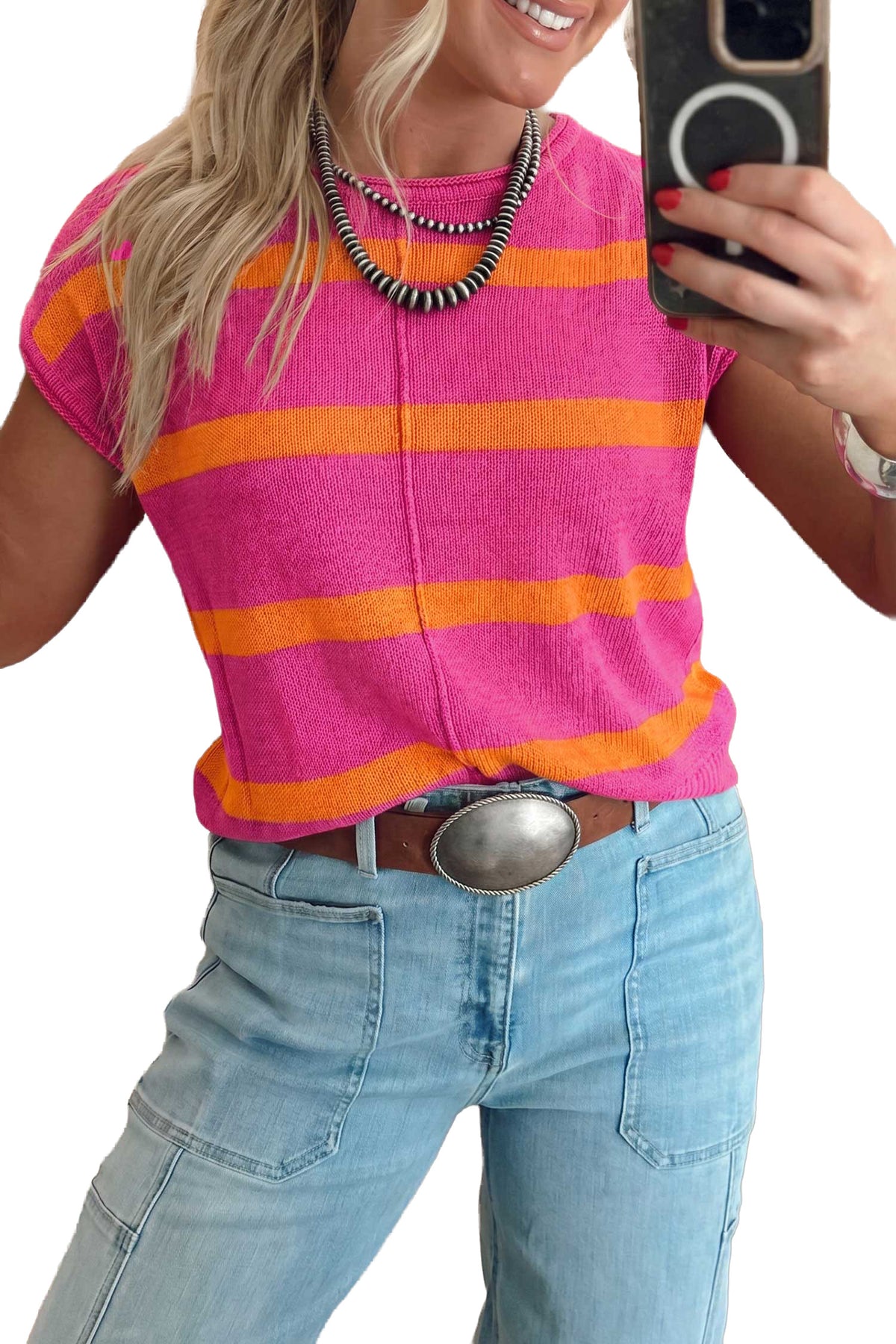 Western Stripe Short Sleeve Sweater