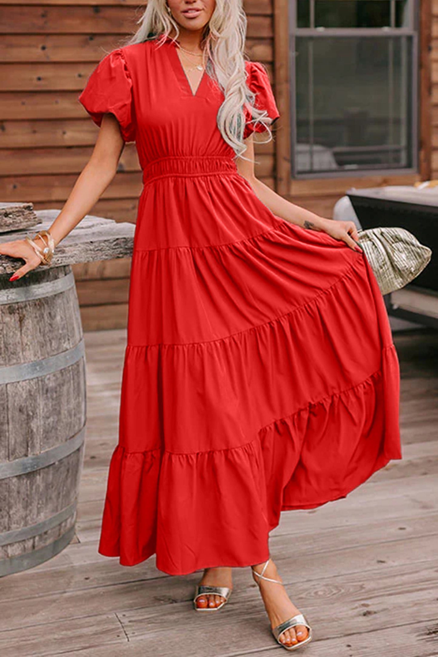 Solid Color V Neck Maxi Dress