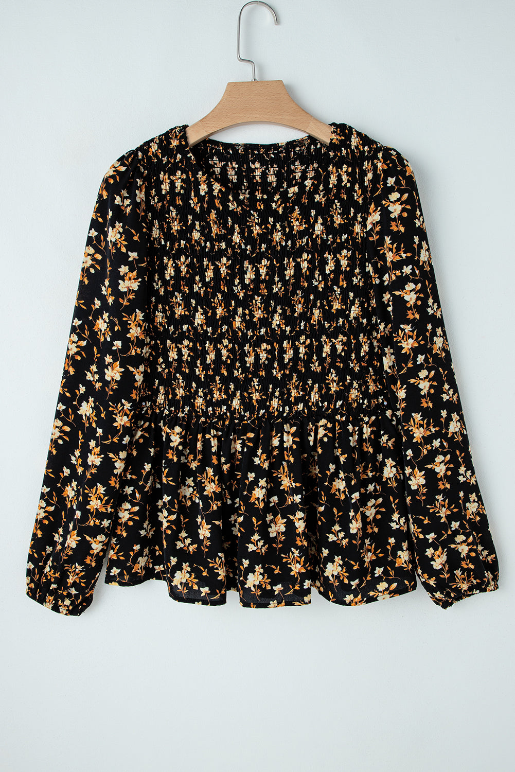 Black Floral Smocked Top