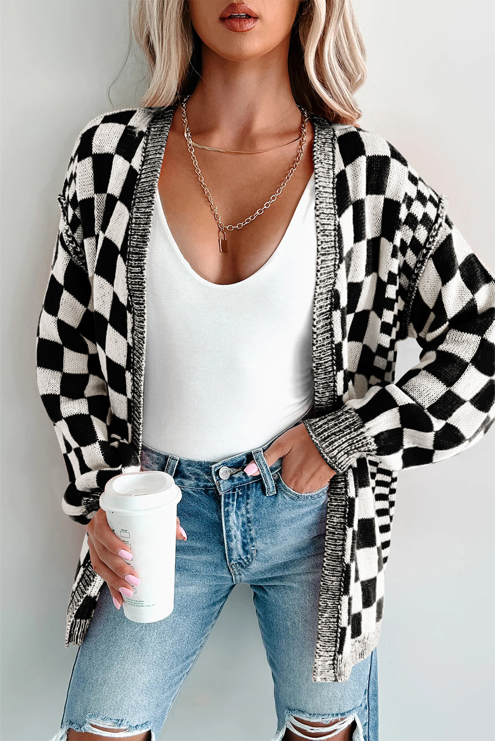 Checkered Open Front Cardigan
