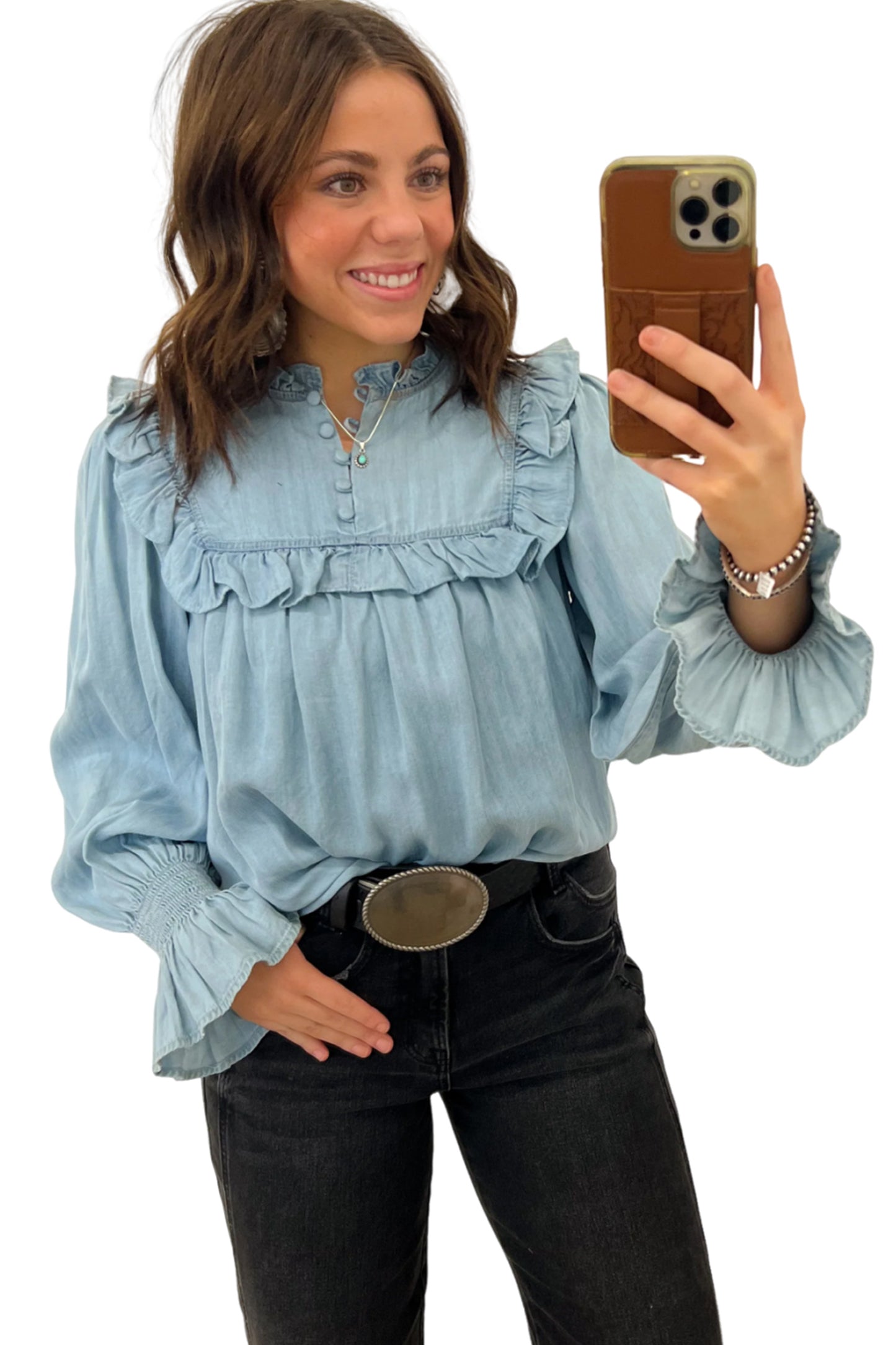 Western Ruffle Chambray Blouse