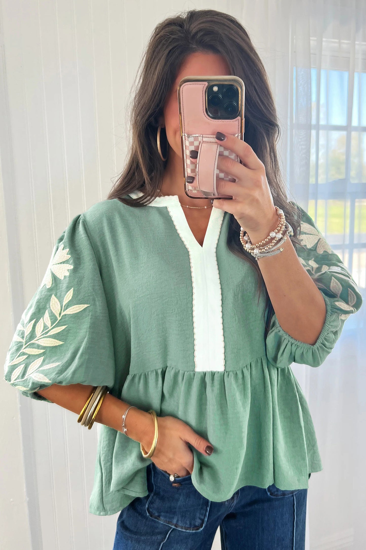 Embroidered Puff Sleeve Blouse