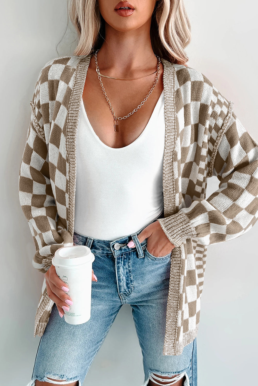 Checkered Open Front Cardigan