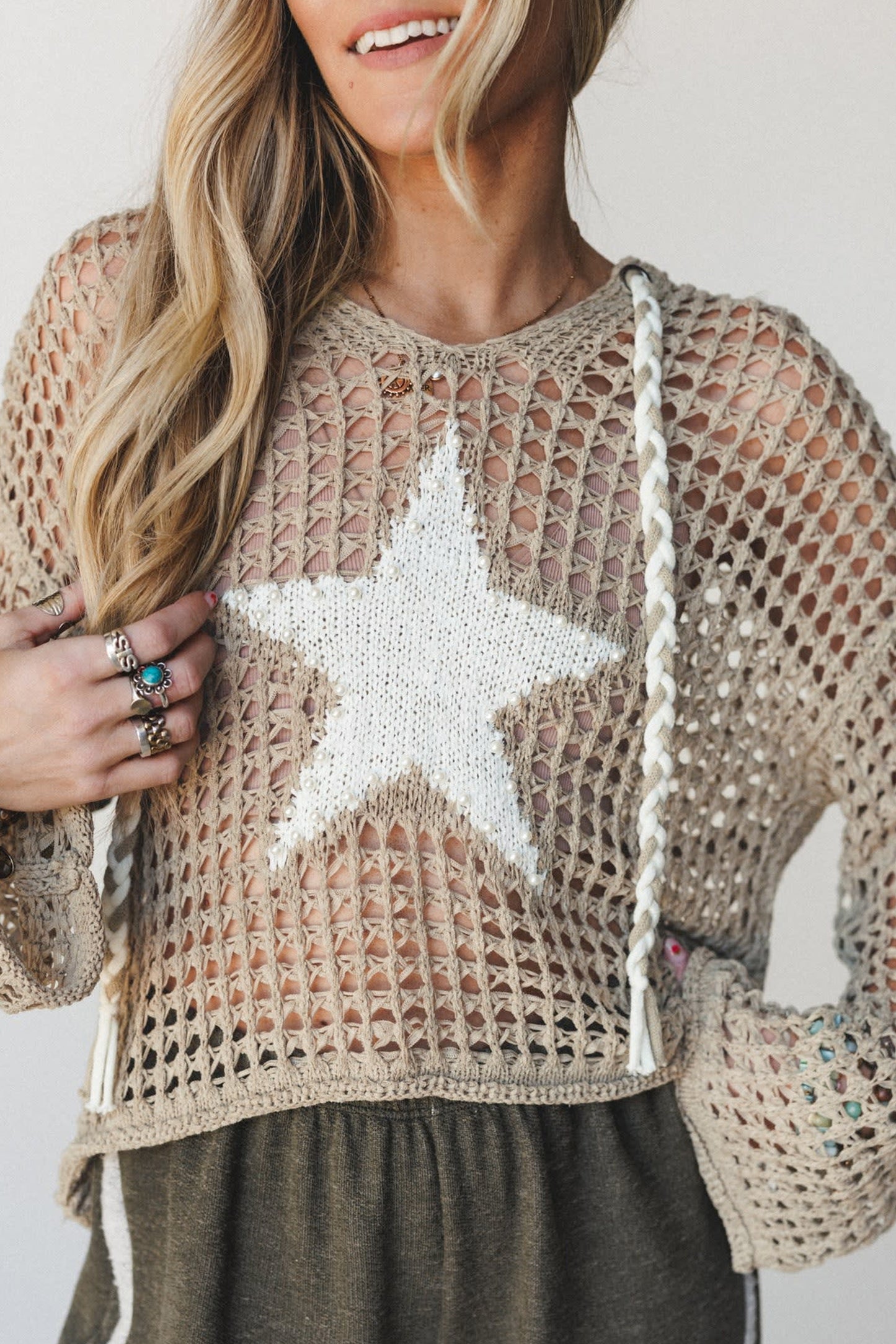 Star Crochet Hooded Sweater