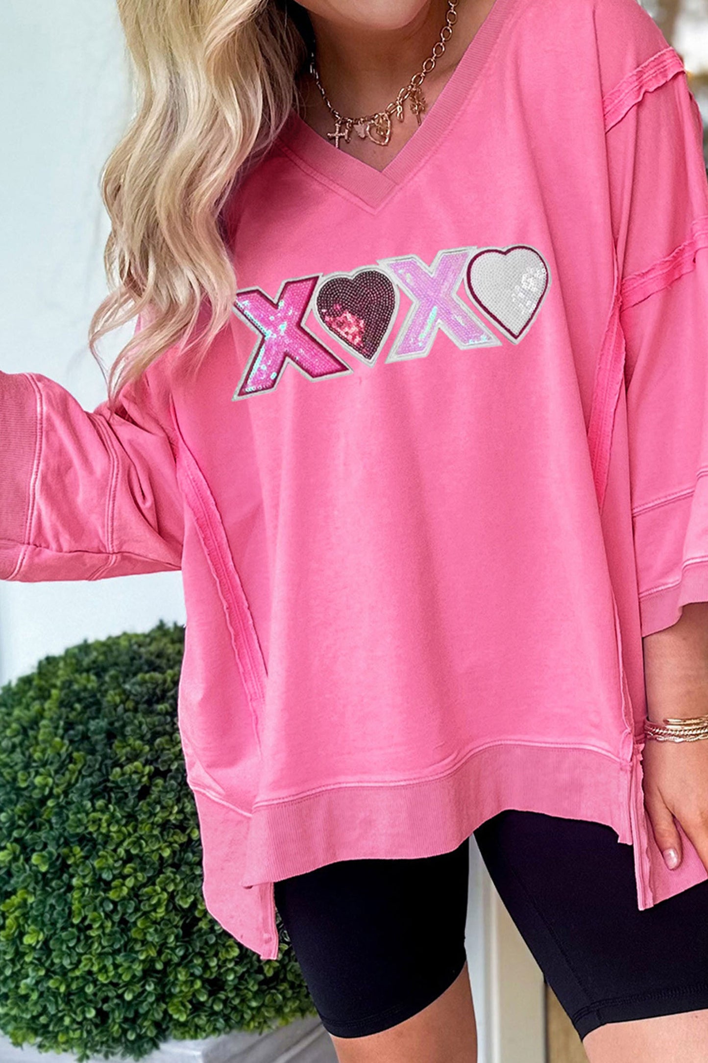 Pink Sequin XOXO Raw Seamed Top