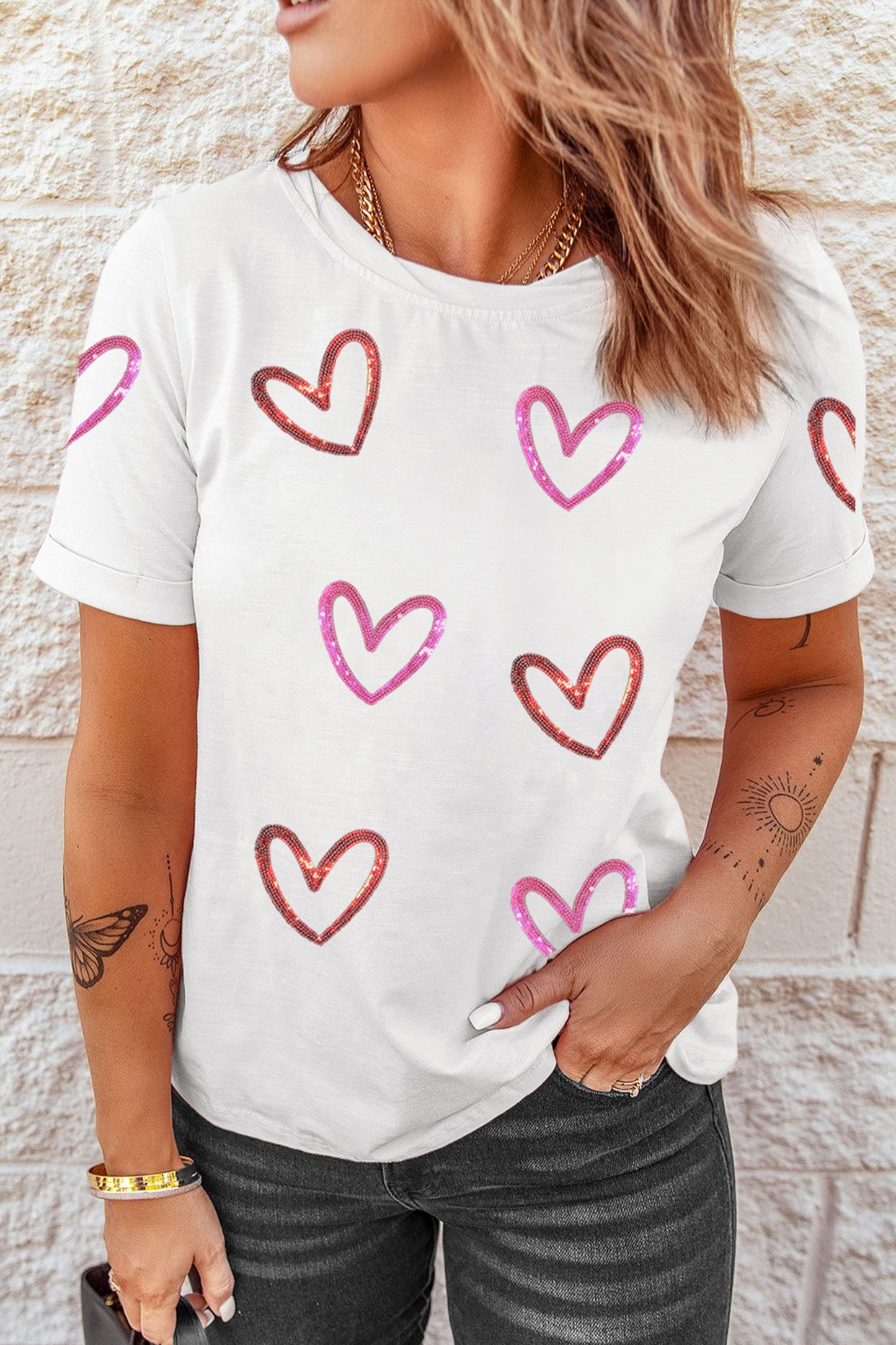 White Sequin Heart Tee