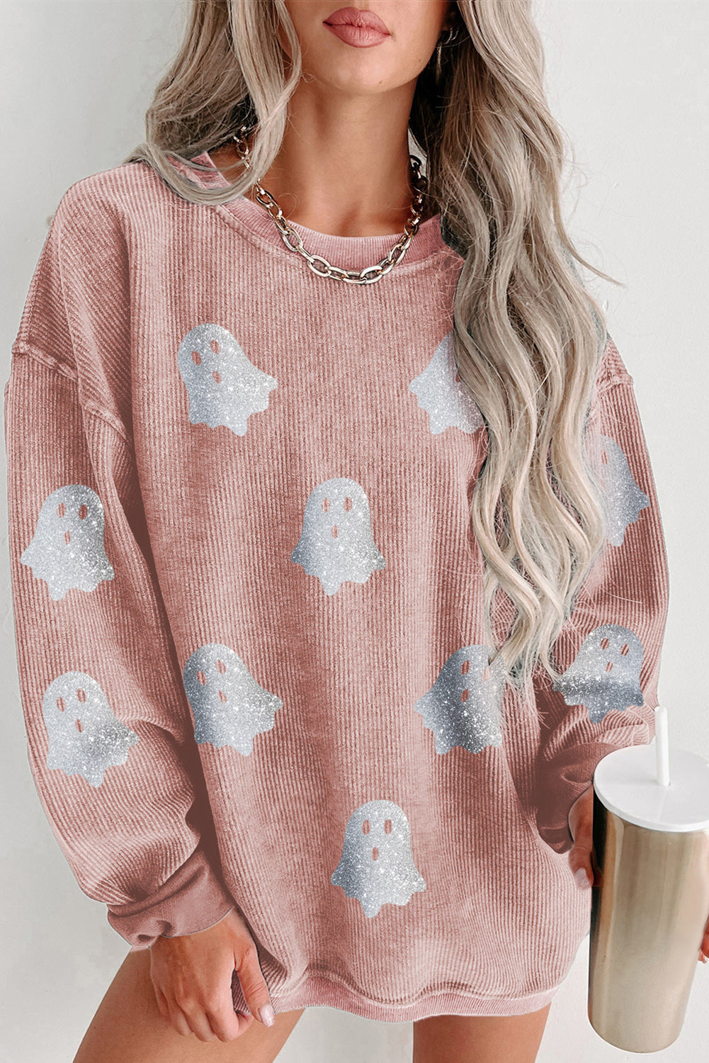 Pink Ghost Corded Halloween Sweatshirt