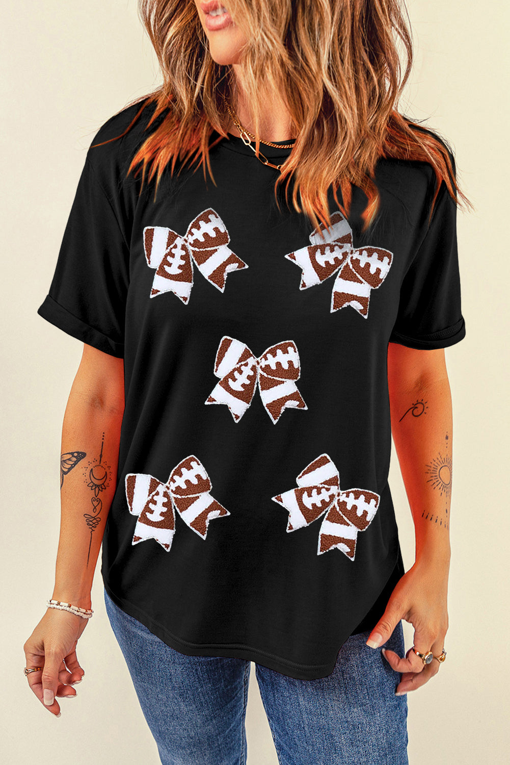 Black Game Day Sequin Football  T Shirt