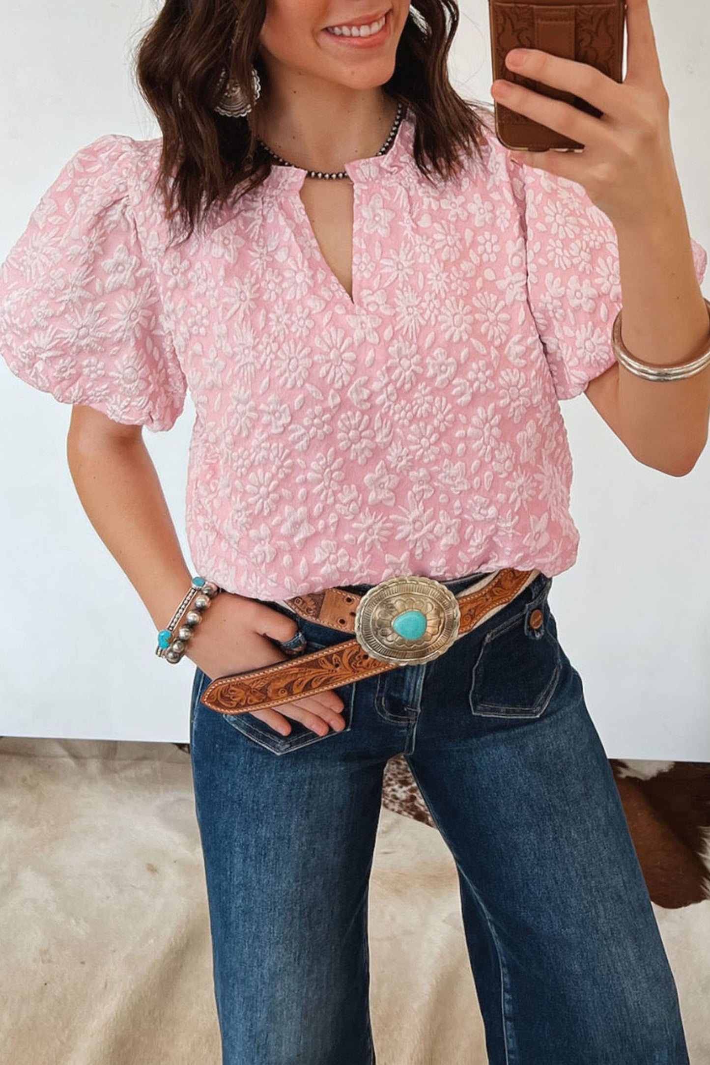 Textured Jacquard Puff Sleeve Blouse