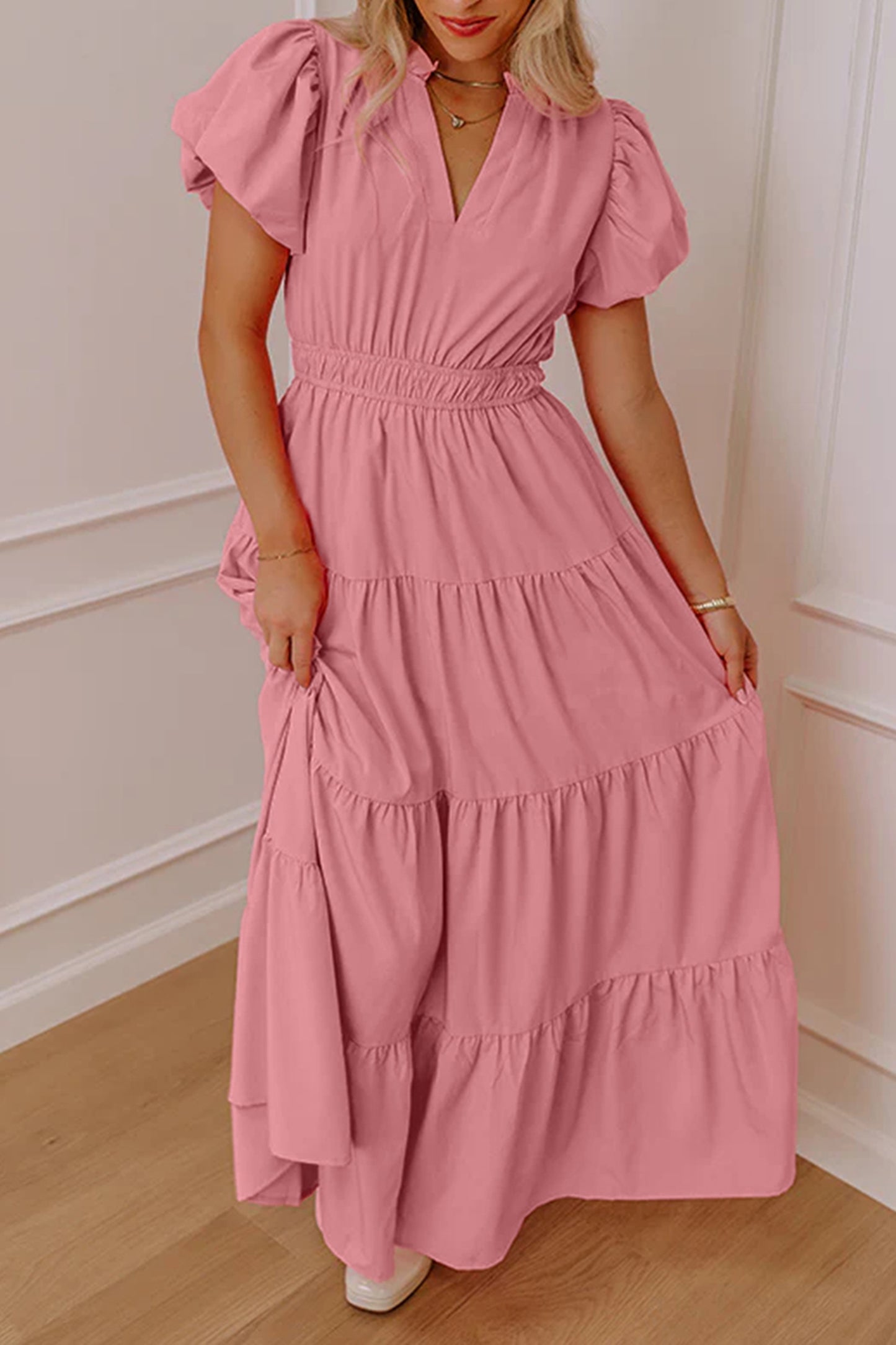 Solid Color V Neck Maxi Dress