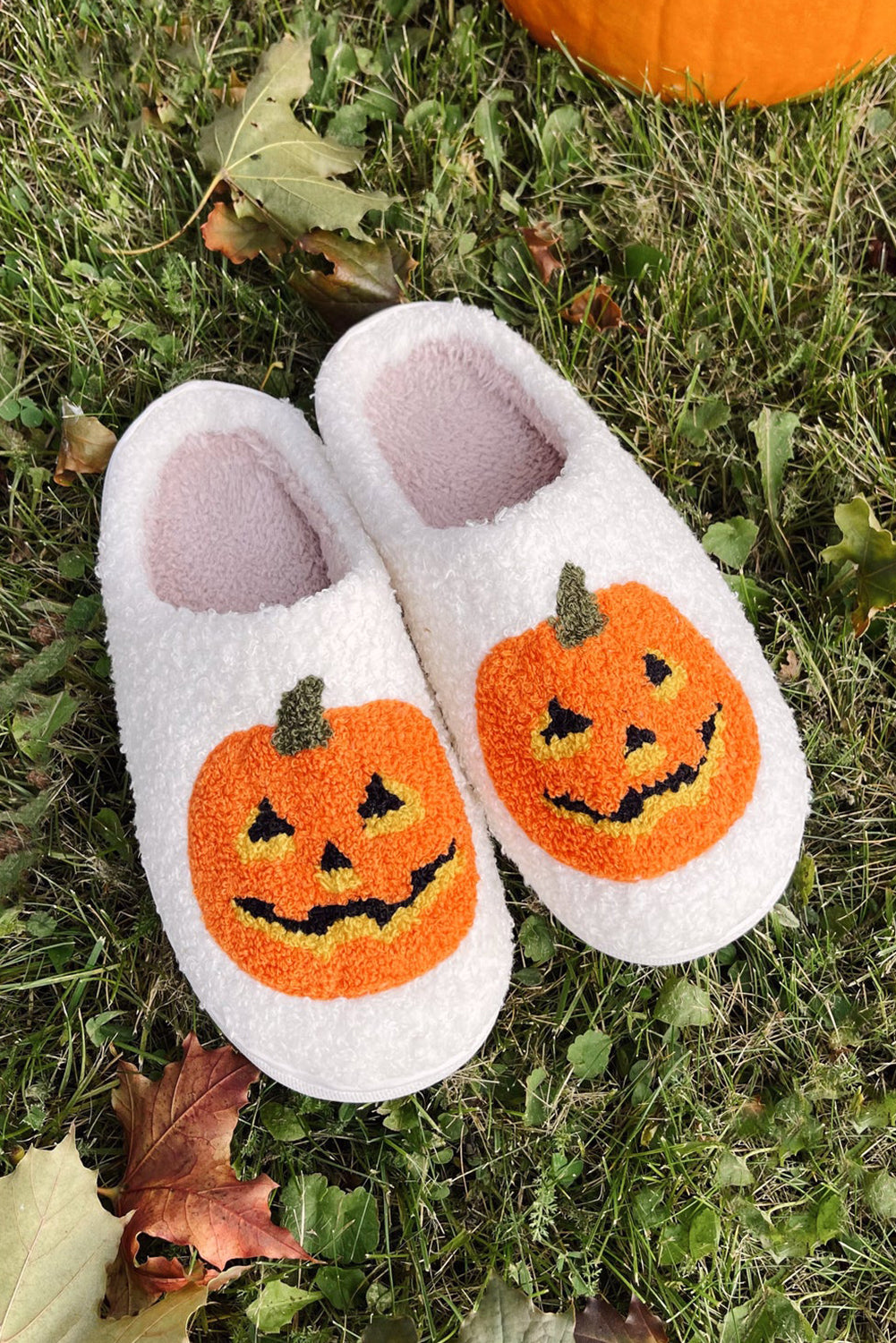 White Halloween Pumpkin Plush Slippers