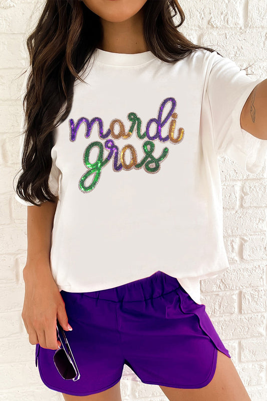 White Mardi Gras Sequin Casual Tee