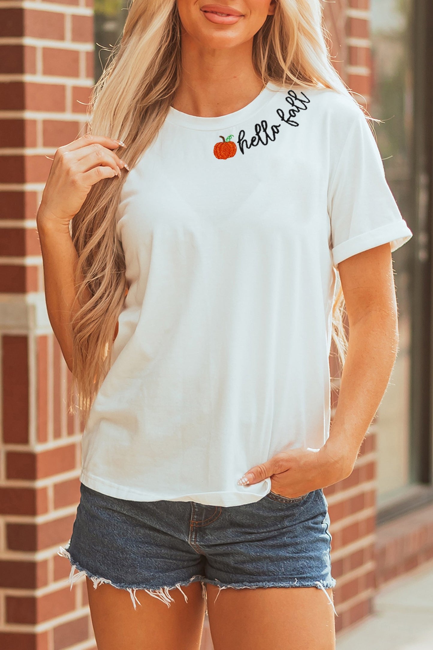 hello fall Embroidered Tee