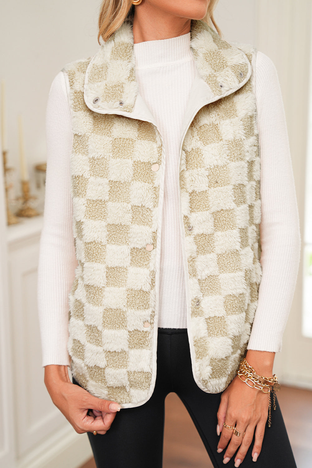 Khaki Sherpa Checkerboard Vest