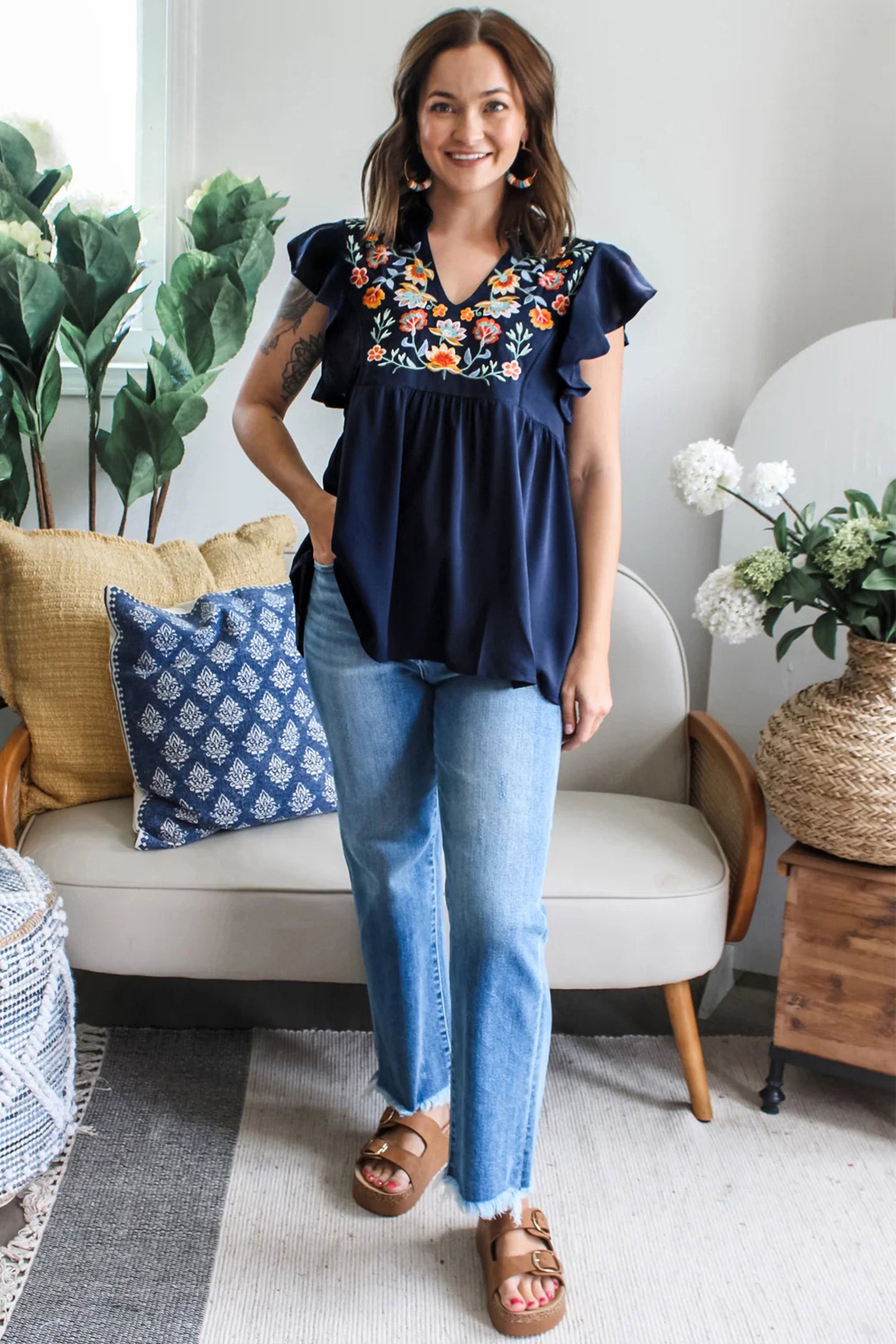Floral Embroidered Babydoll Blouse