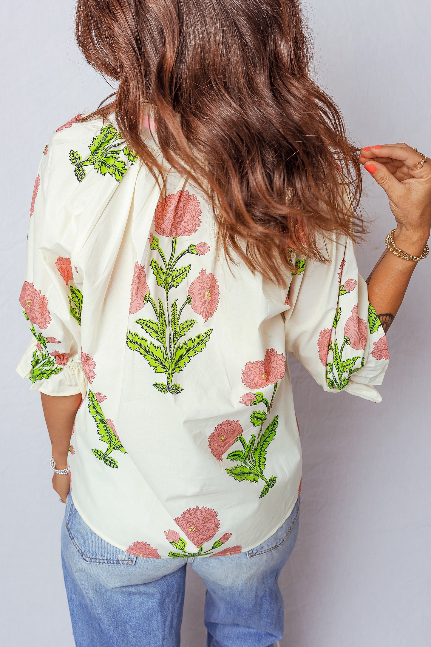 Wild Flower Print V Neck 3/4 Sleeve Shirt
