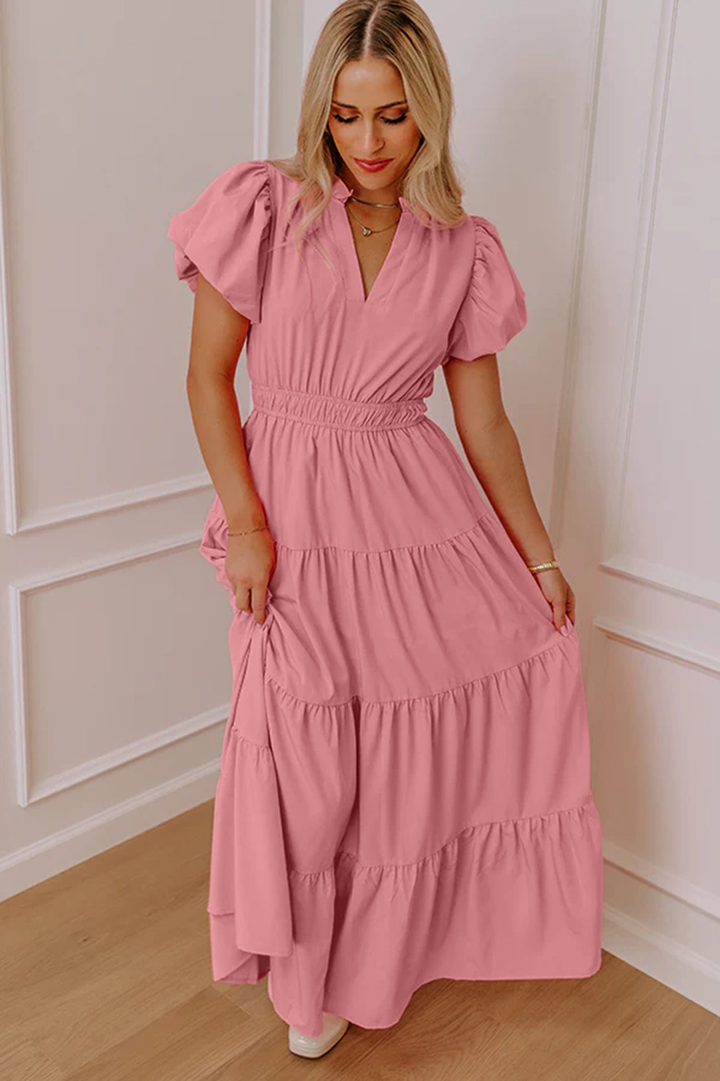Solid Color V Neck Maxi Dress