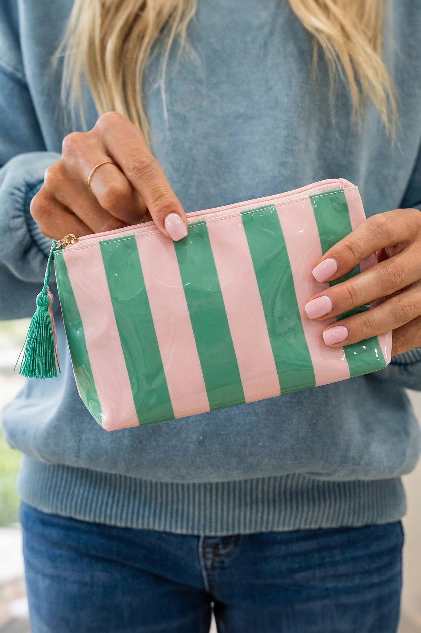Striped Vinyl Waterproof  Zipper Bag