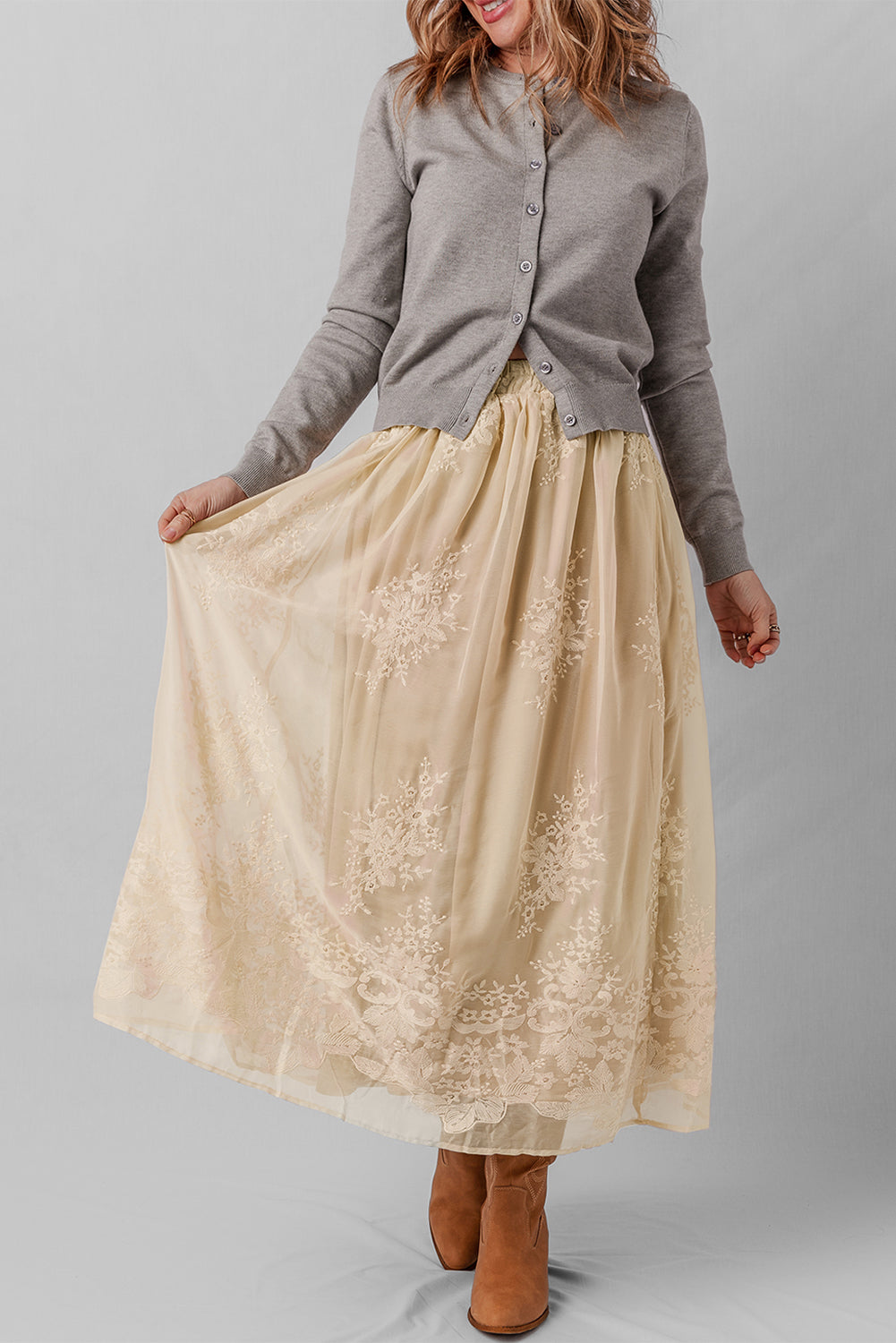 Oatmeal Embroidered Long Skirt