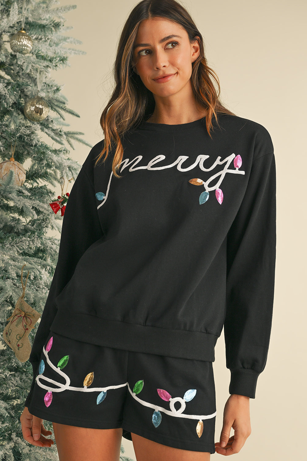 Sequin Christmas Lights Merry Shorts Set