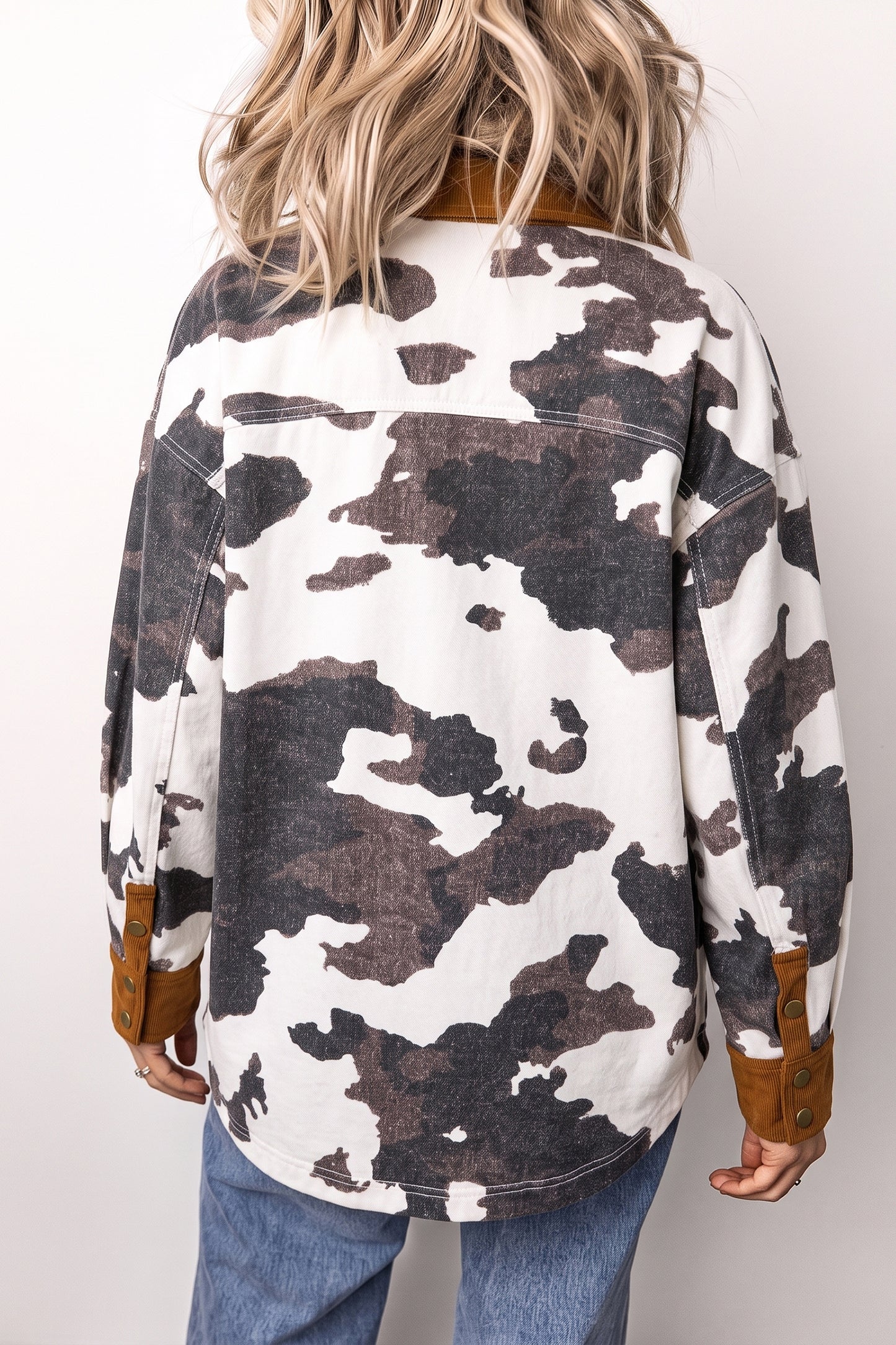 Cow Print Button-Up Denim Jacket
