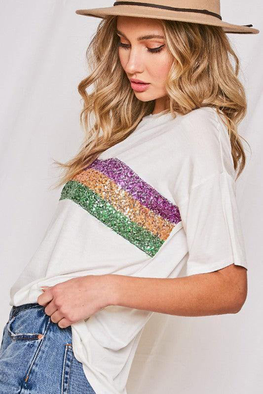 Sequin Striped Mardi Gras Crewneck T Shirt
