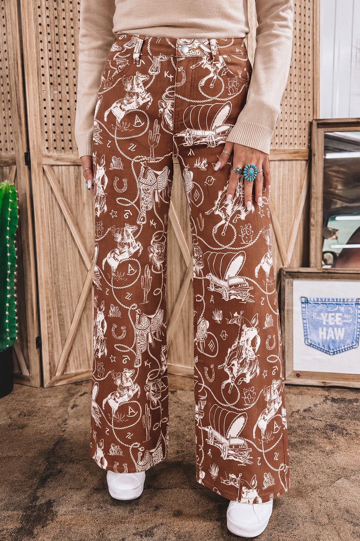 Brown Western Print Jeans