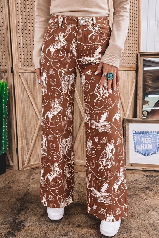Brown Western Print Jeans