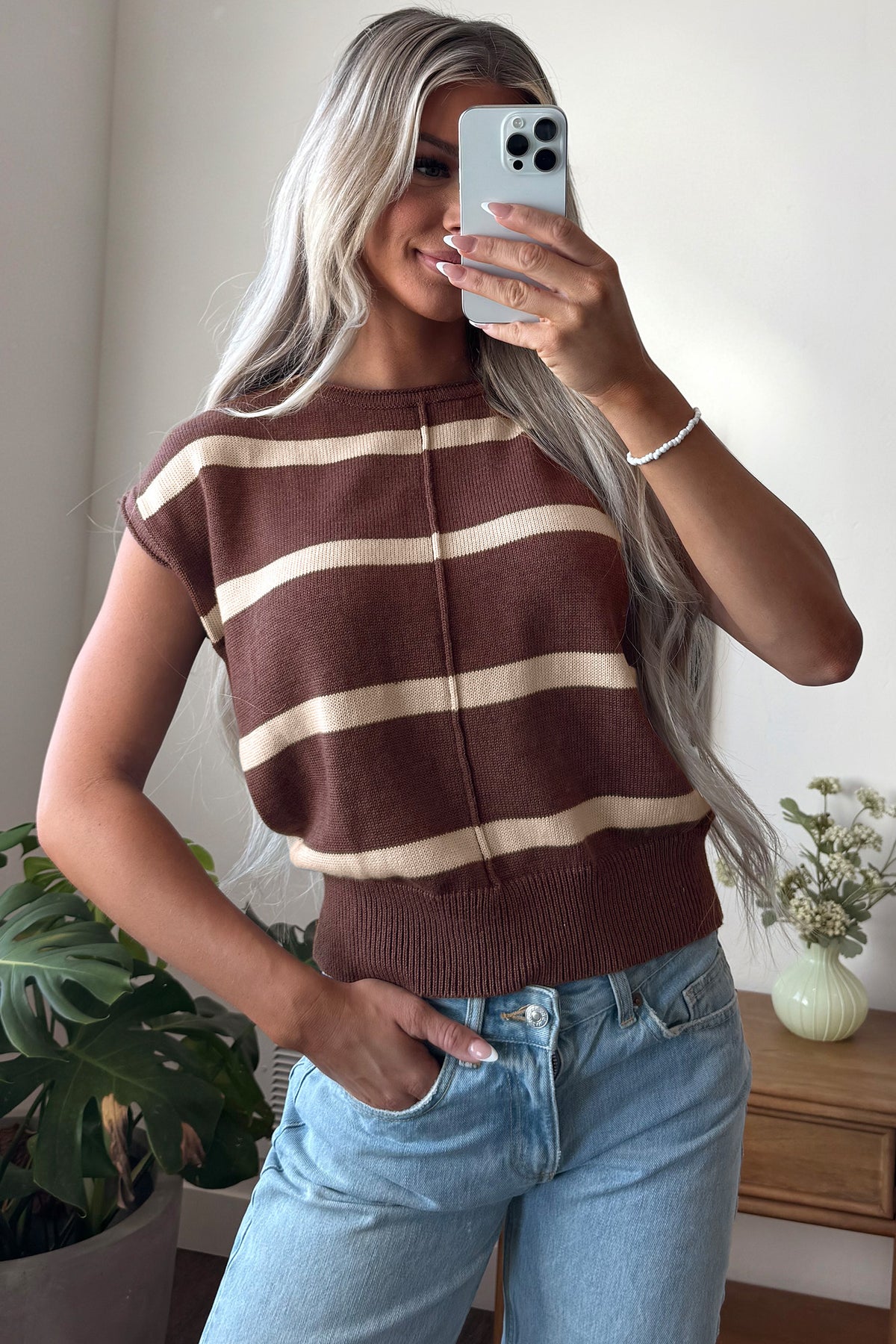 Western Stripe Short Sleeve Sweater