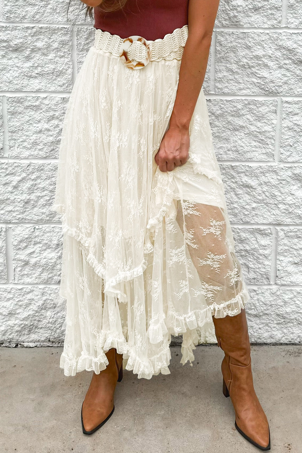Beige Lace Cascading Tiered Maxi Skirt