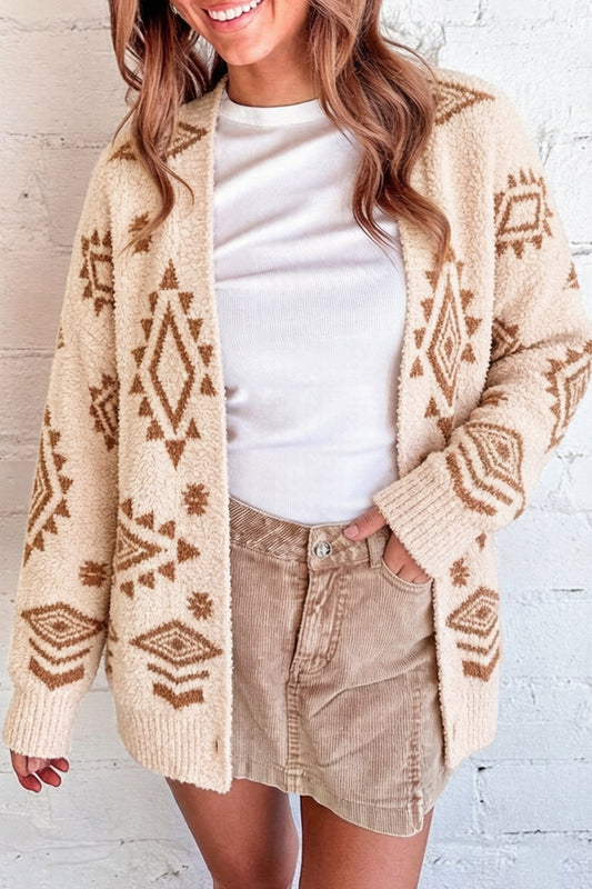 Oatmeal Aztec Print Open Cardigan