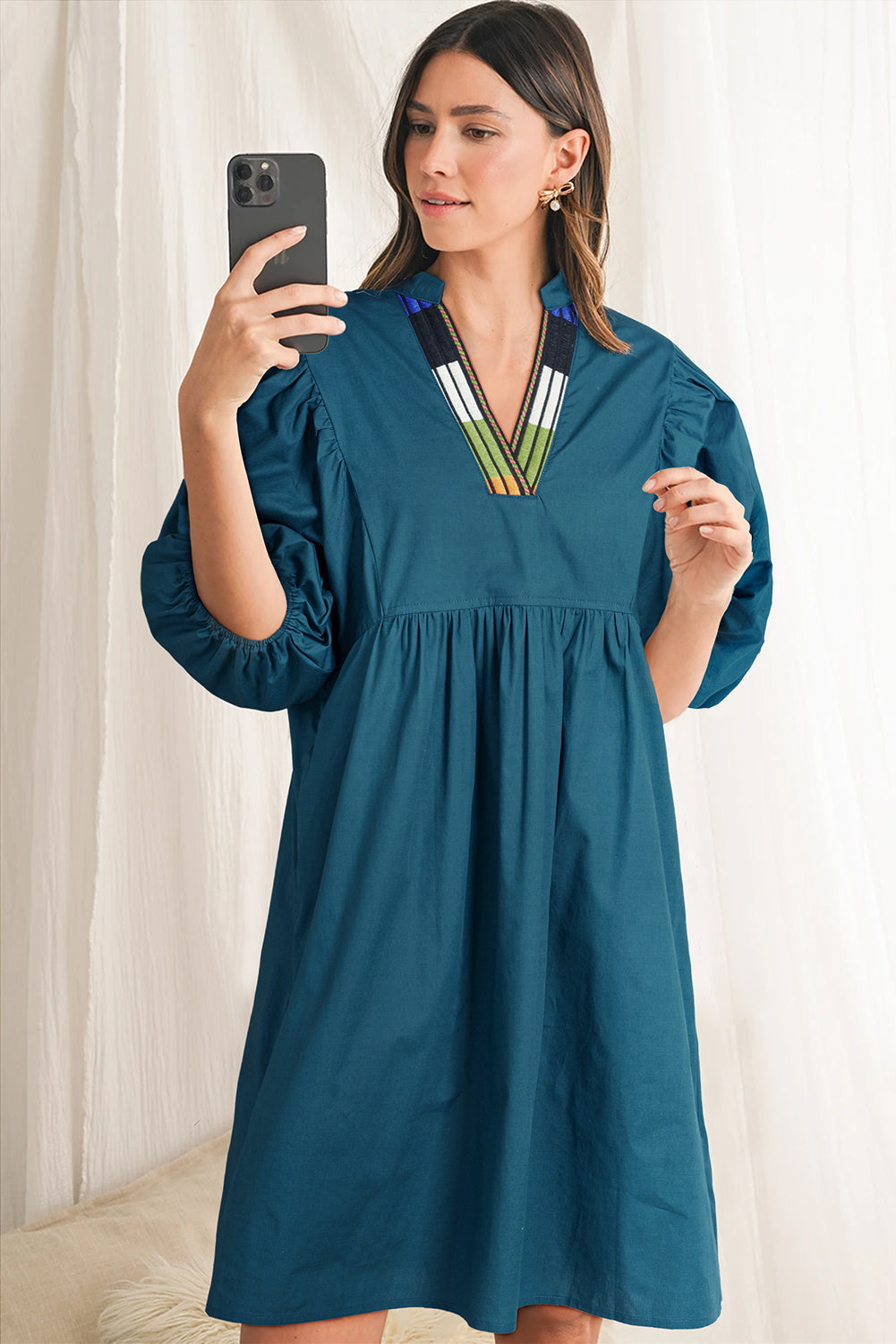 Blue Sapphire V Neck Pleated Dress