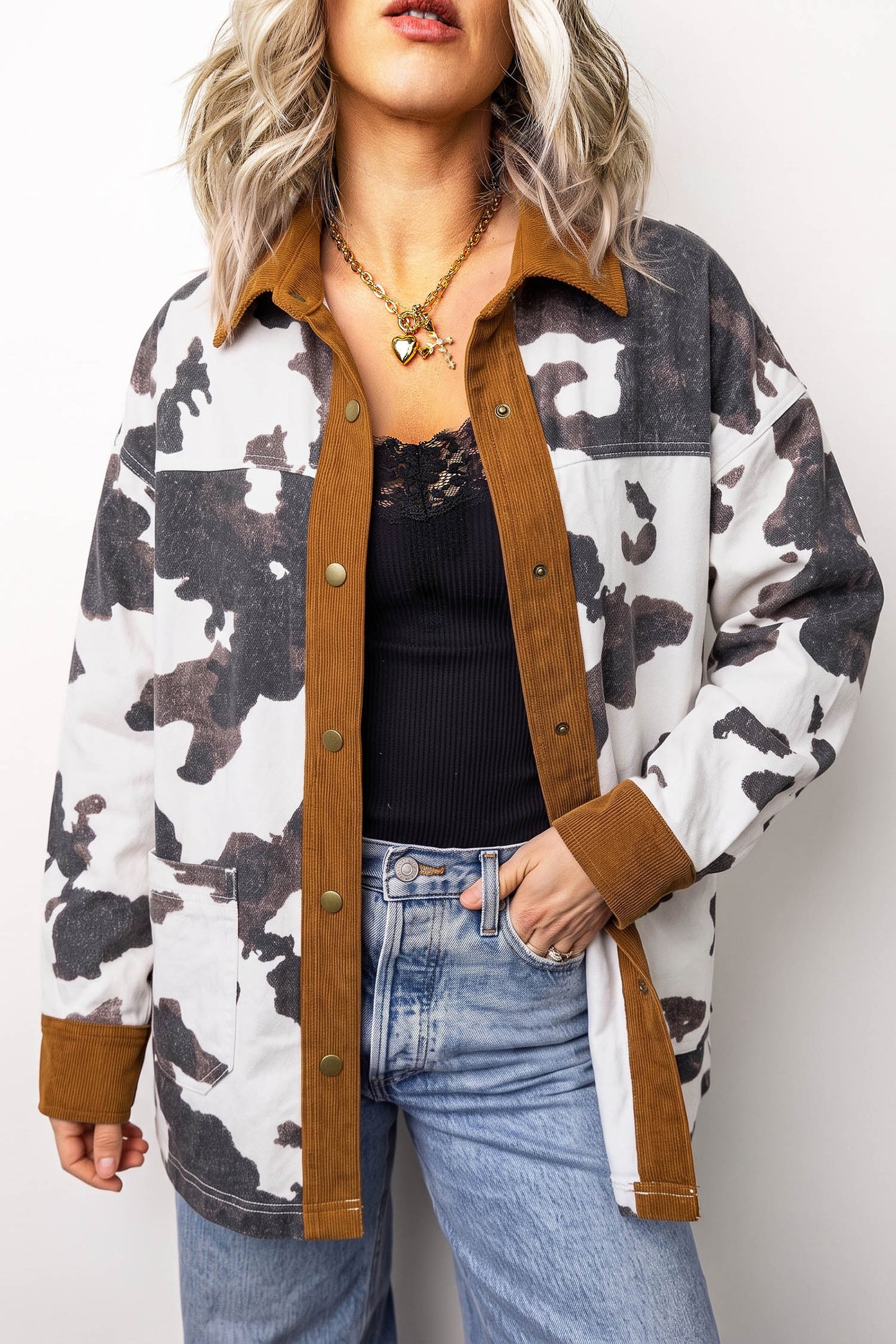 Cow Print Button-Up Denim Jacket