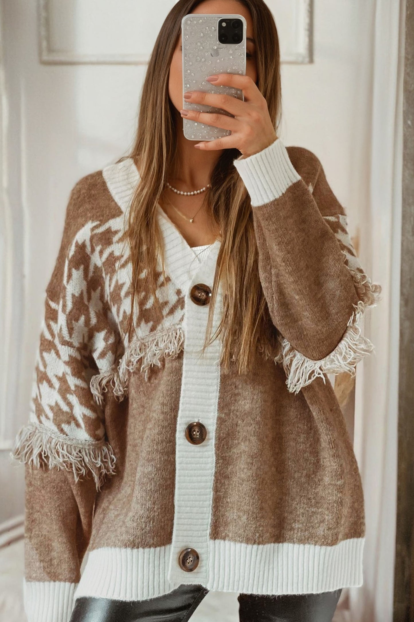 Khaki Houndstooth Cardigan