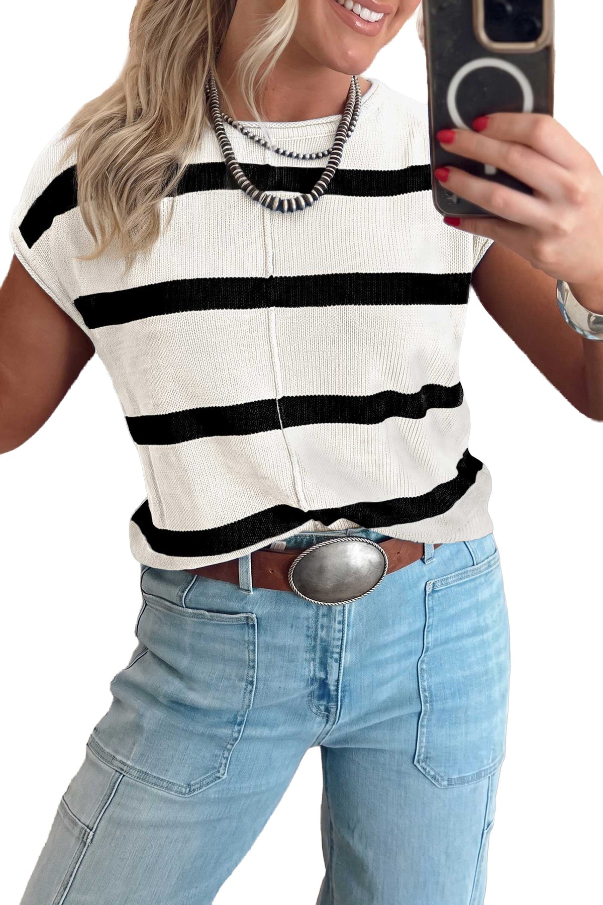 Western Stripe Short Sleeve Sweater