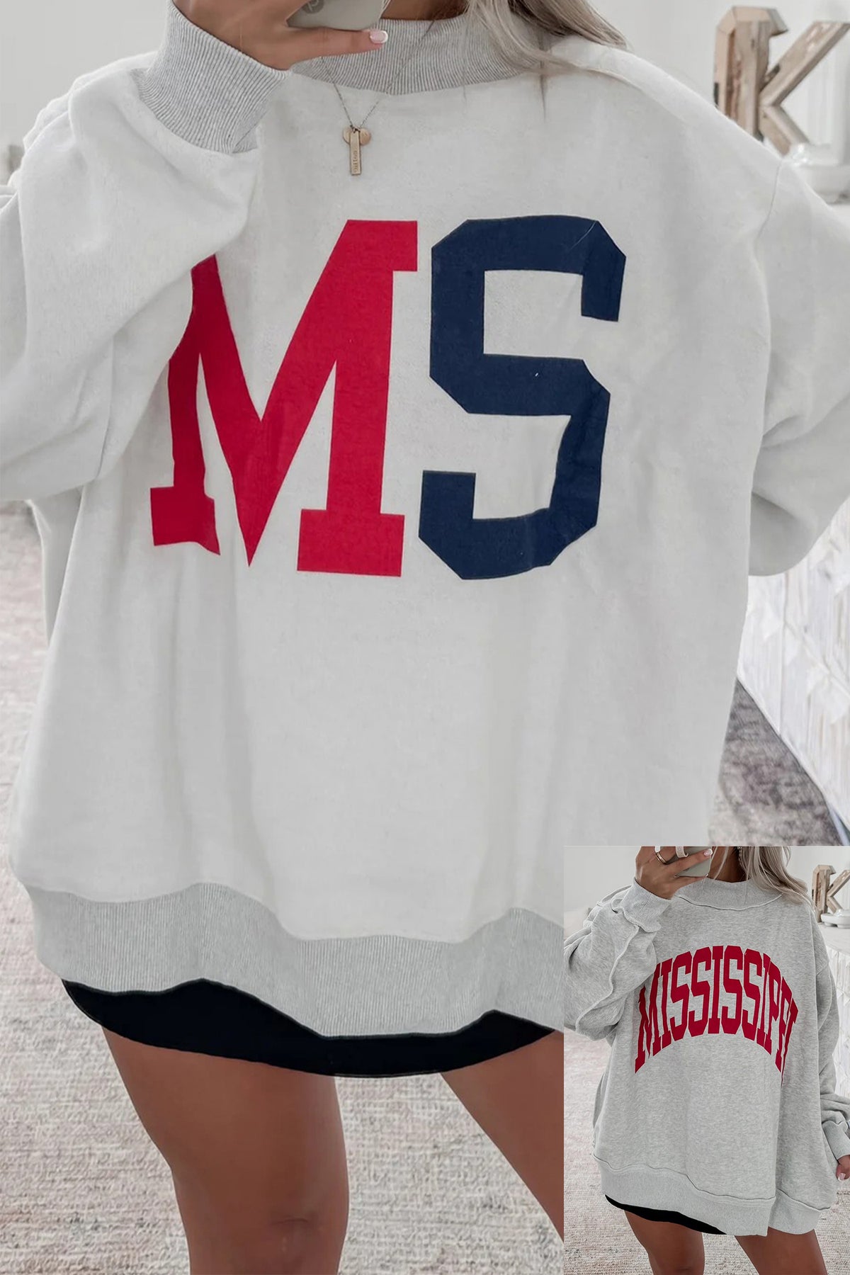 Women's reversible Mississippi Ole Miss sweatshirt with MS and MISSISSIPPI graphics and oversized mock neck fit