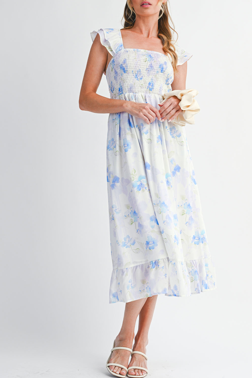 Sky Blue Floral Smocked Dress