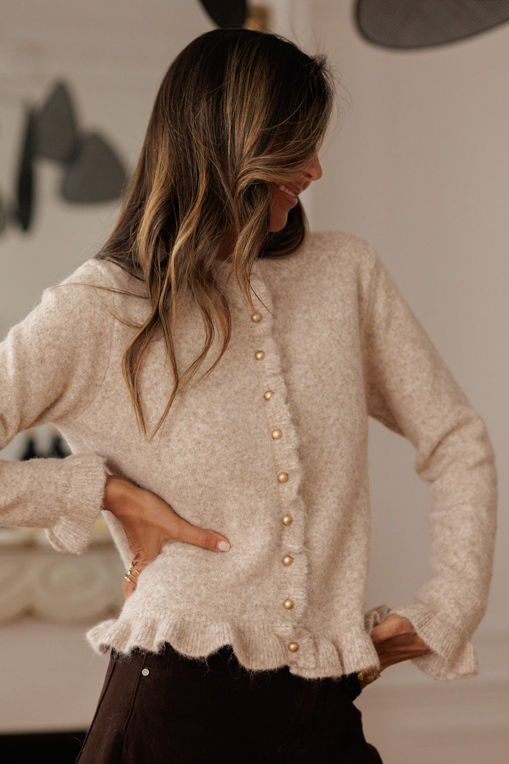 Oatmeal Ruffle Trim Cardigan