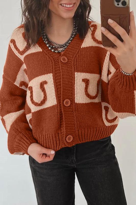 Women's Western horseshoe print plaid knit cardigan with V-neckline, ribbed cuffs, and button front