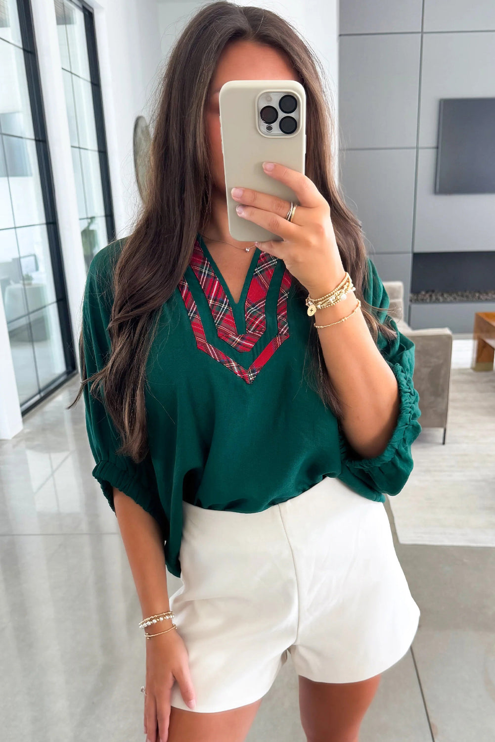 Evergreen Plaid Patchwork V Neck  Blouse