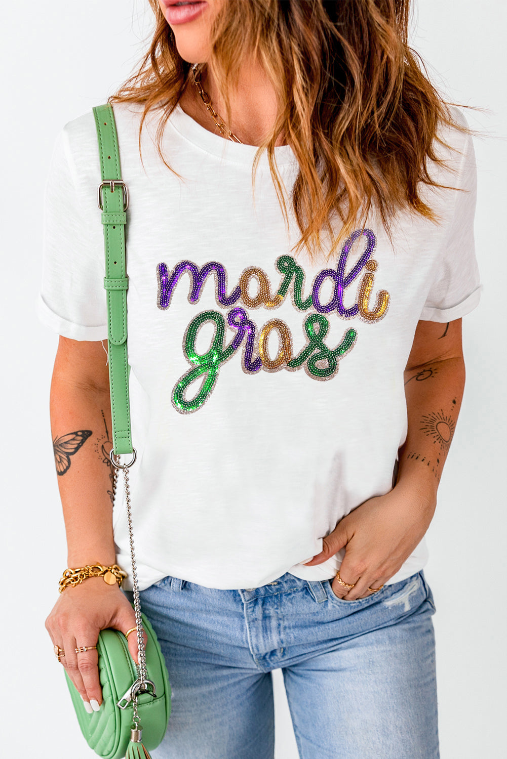 White Mardi Gras Sequin Casual Tee