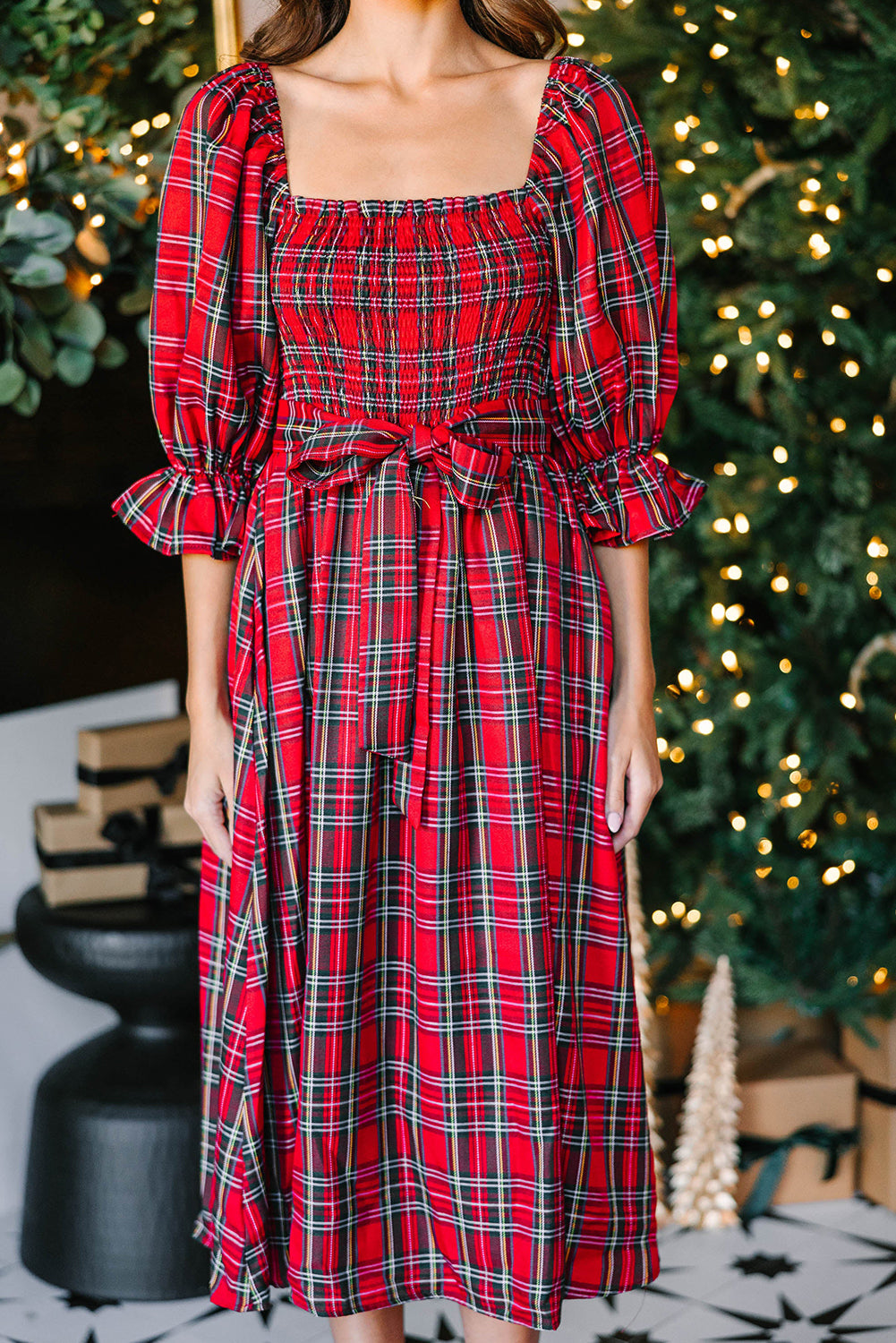 Christmas Plaid Flared Midi Dress