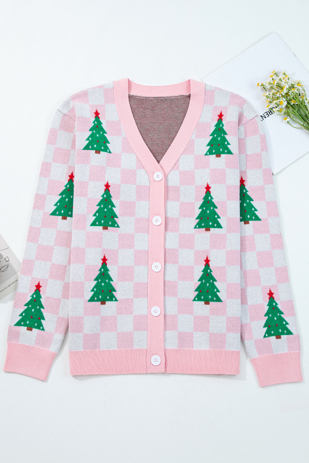 Pink Checkered Christmas Tree Cardigan