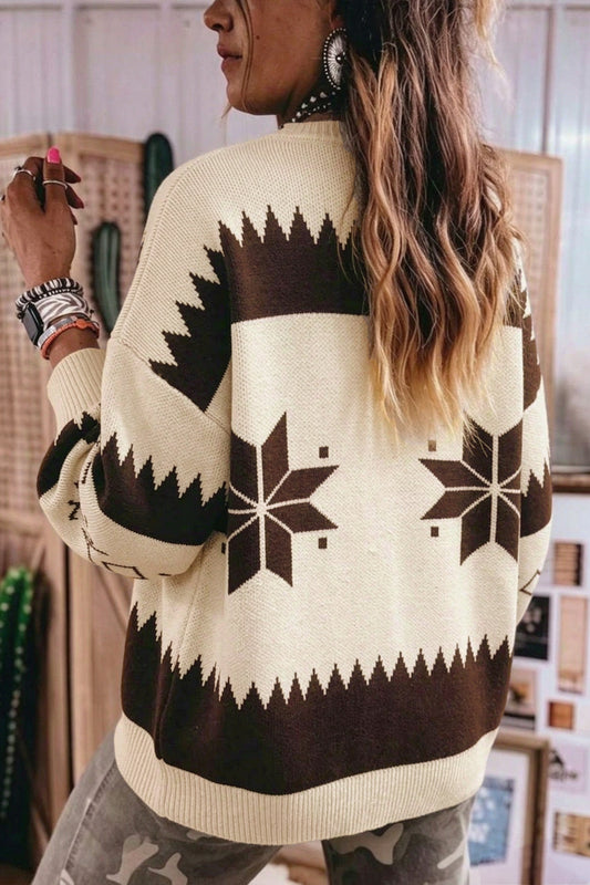 Women's Western-inspired patterned knit cardigan with long sleeves and ribbed cuffs