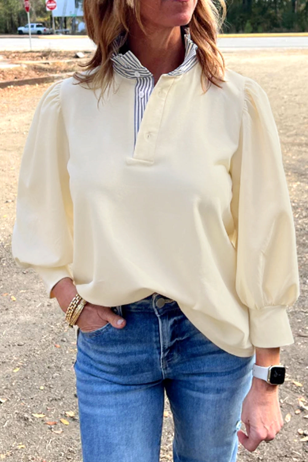 Striped Ruffle Button Neck Pullover