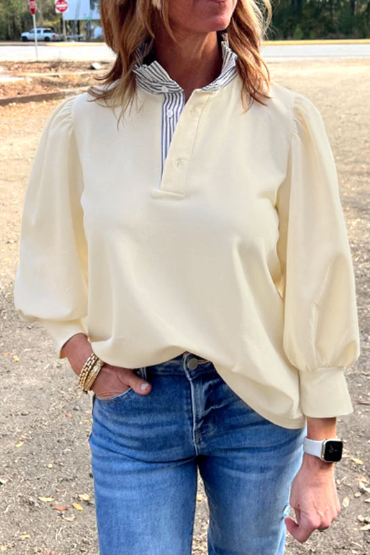 Striped Ruffle Button Neck Pullover