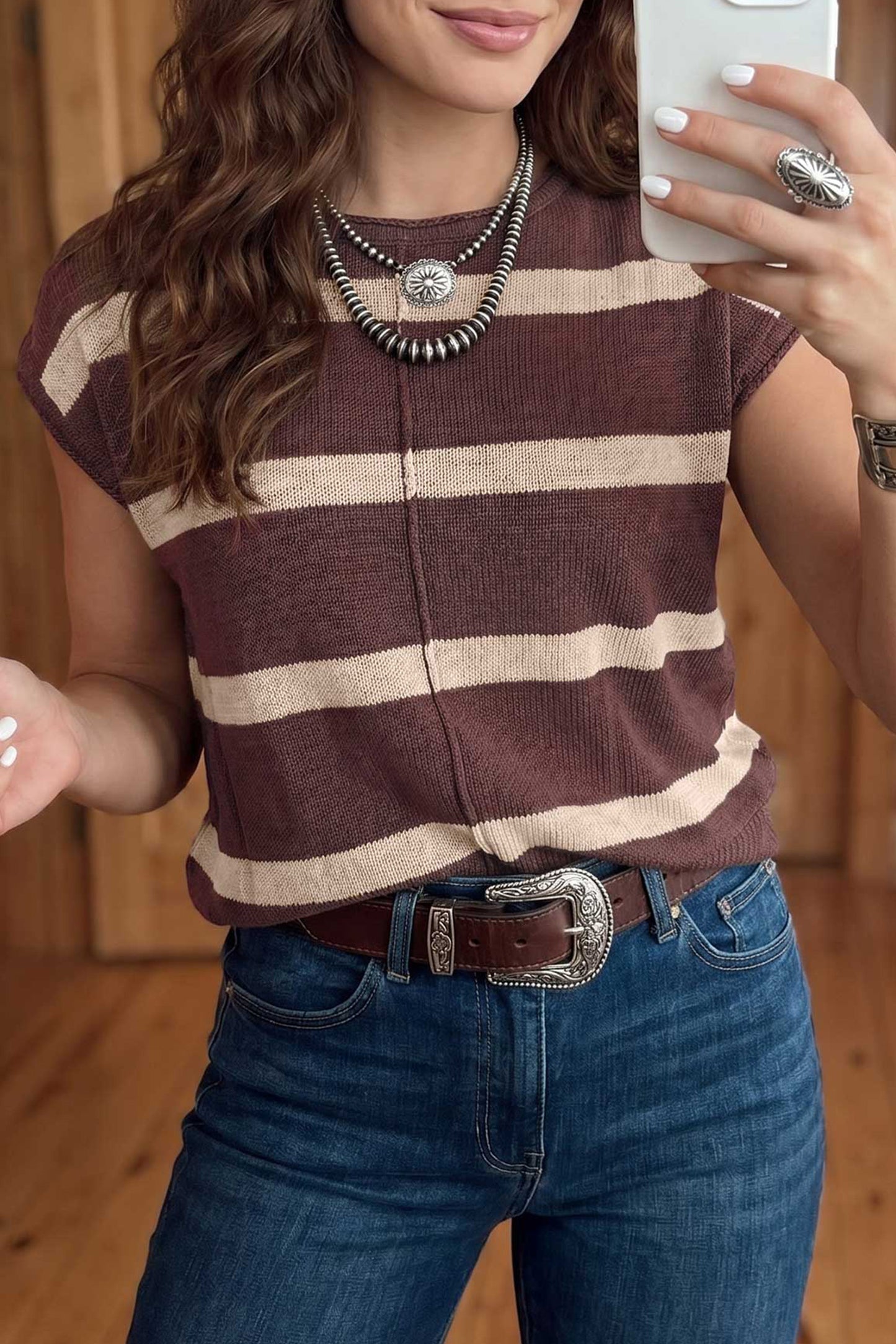 Western Stripe Short Sleeve Sweater