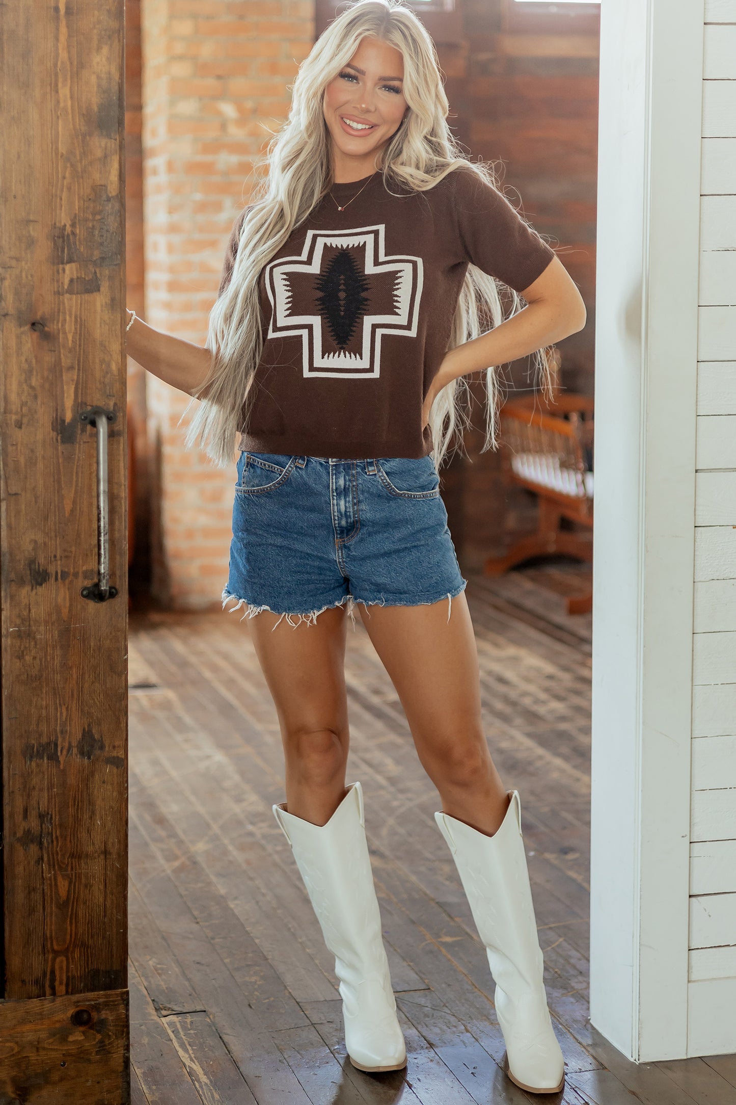 Brown Western Short Sleeve Sweater